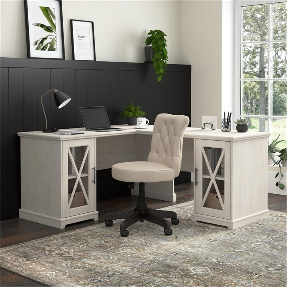 Linen White Oak L-Shaped Corner Desk with Storage Cabinets