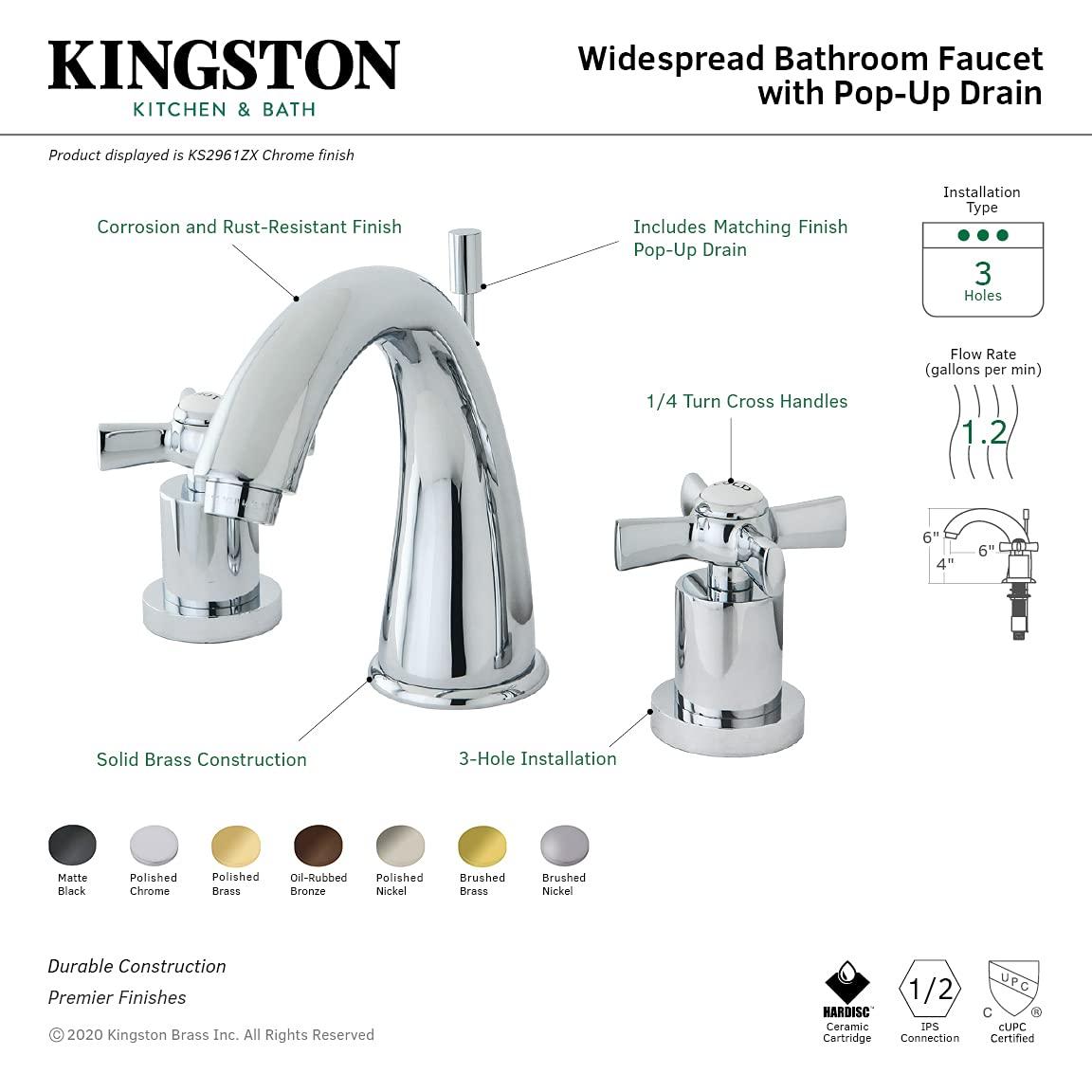 Kingston Brass Millennium Two-Handle 3-Hole Deck Mount Widespread Bathroom Faucet with Brass Pop-Up Drain