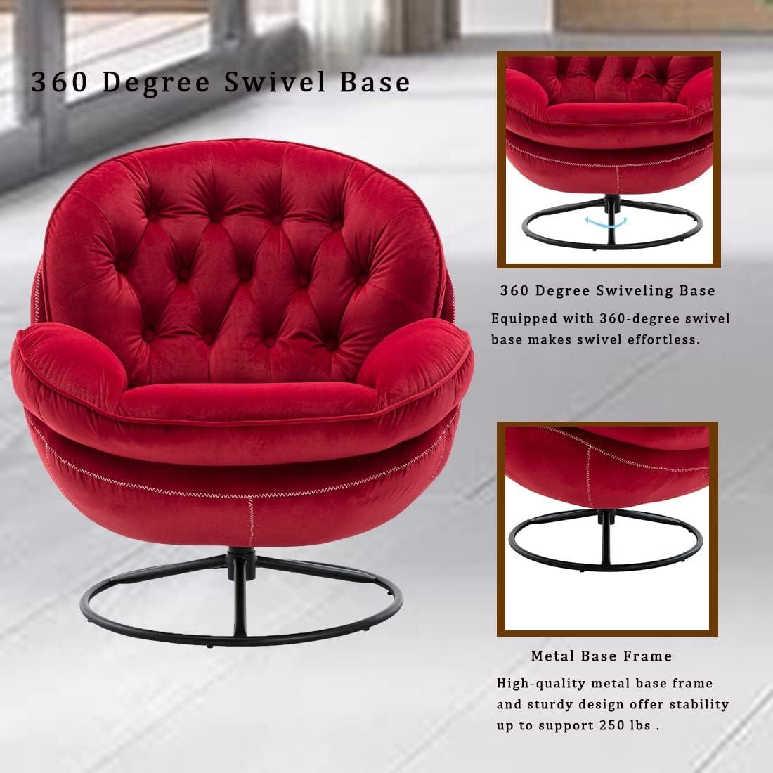 Velvet Swivel Accent Chair with Ottoman Set, Modern Lounge Chair with 360 Degree Swiveling Metal Base & Footrest, Comfy Single Sofa Chair for Living Room Bedroom, Reading Room, Home Office, Dark Red