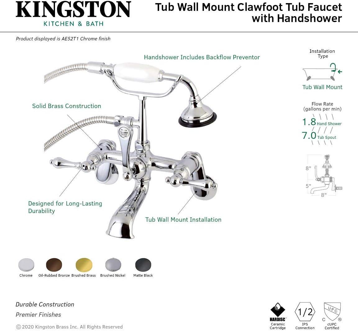 Kingston Brass Aqua Vintage Three-Handle 2-Hole Tub Wall Mount Clawfoot Tub Faucet with Hand Shower