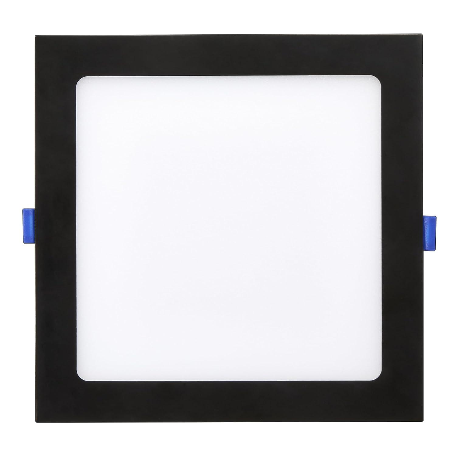Maxxima 8 in. 5CCT Square Recessed LED Downlight, 1400 Lumens Slim Flat Panel Color Selectable 2700K/3000K/3500K/4000K/5000K, Dimmable, Canless IC Rated, Black Trim, J-Box Included