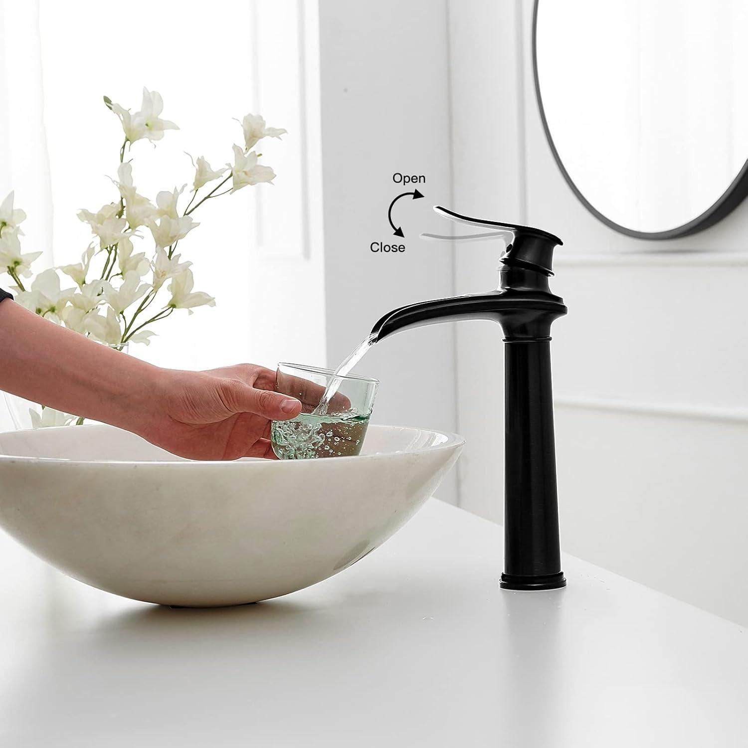 Matte Black Brass Waterfall Vessel Sink Faucet with Pop-Up Drain