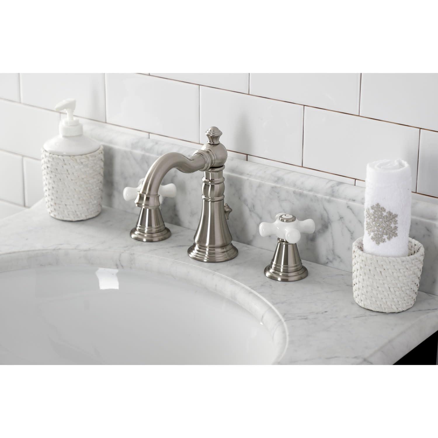 Kingston Brass American Classic Two-Handle 3-Hole Deck Mount Widespread Bathroom Faucet with Pop-Up Drain