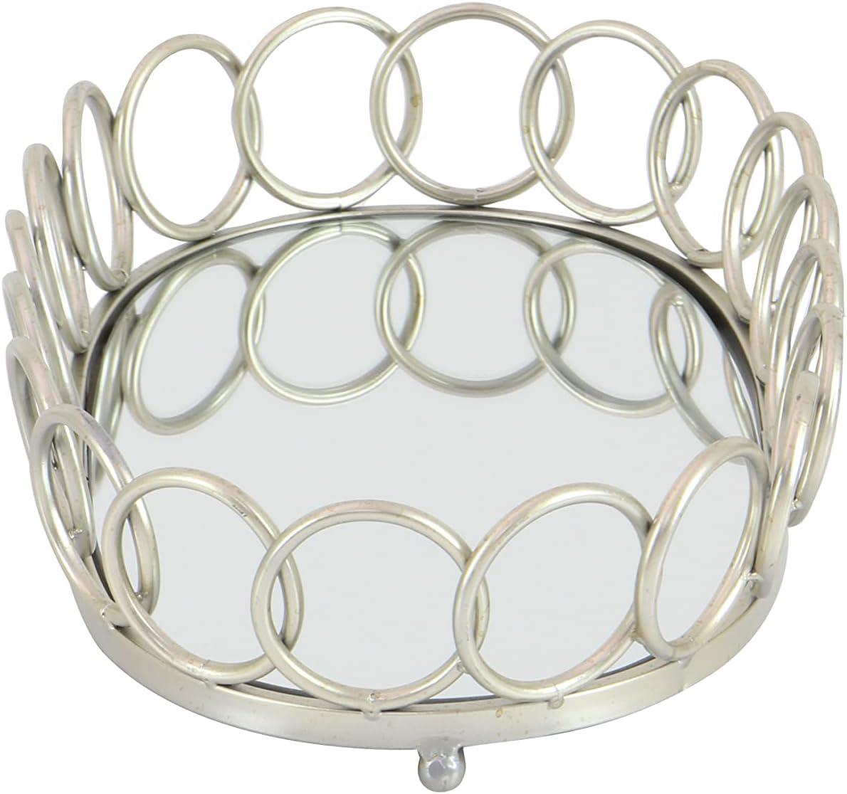 DecMode 22", 18"W Silver Metal Mirrored Geometric Tray with Circle Patterned Sides, 2-Pieces