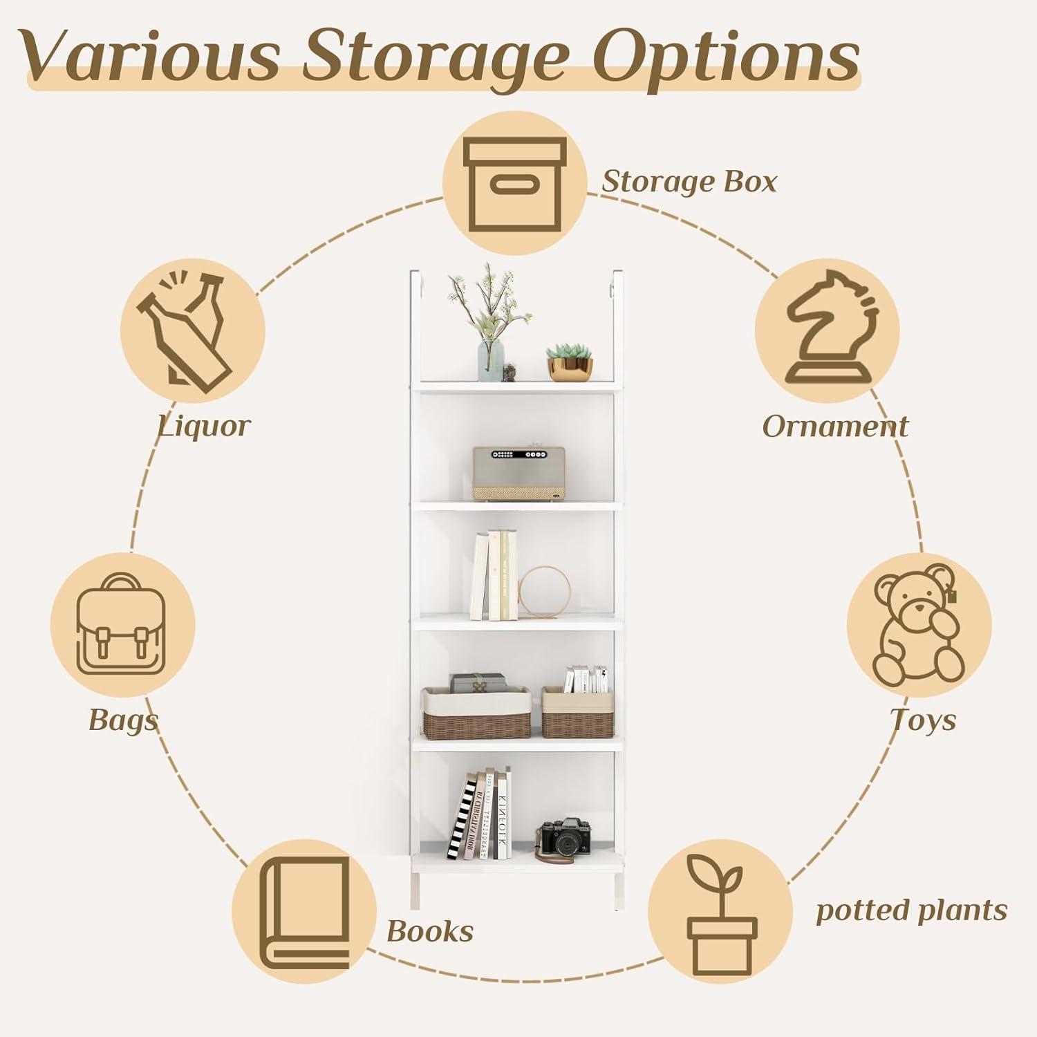 Zimtown 5-Shelf Wood Bookcase, Wall Mounted Learning Ladder Display Rack for Living Room, Bedroom, Office, White Finish