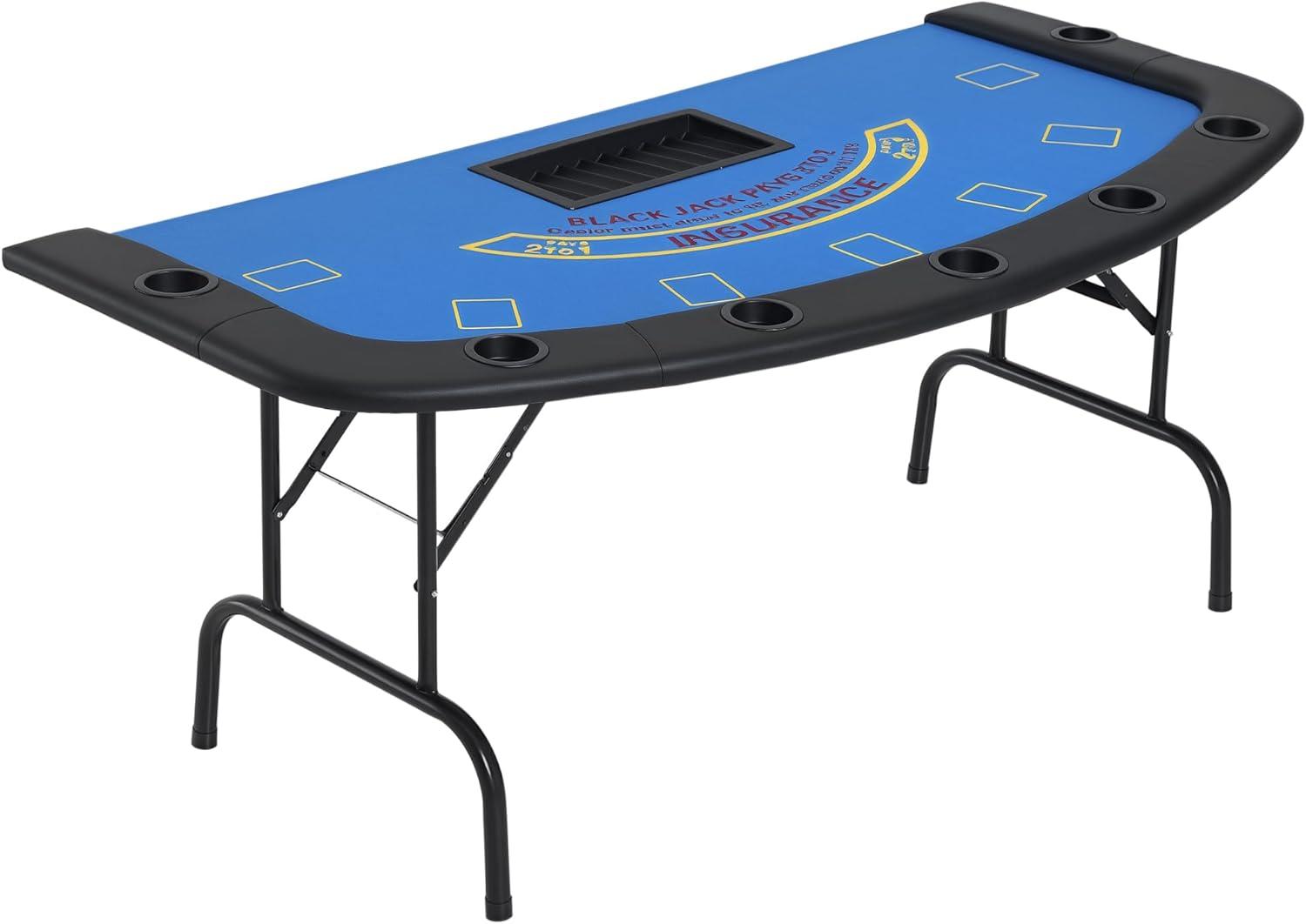 Soozier Soozier Poker Table Foldable, 72" Blackjack Table for 7 Players with Chip & Cup Holder, Blue Felt