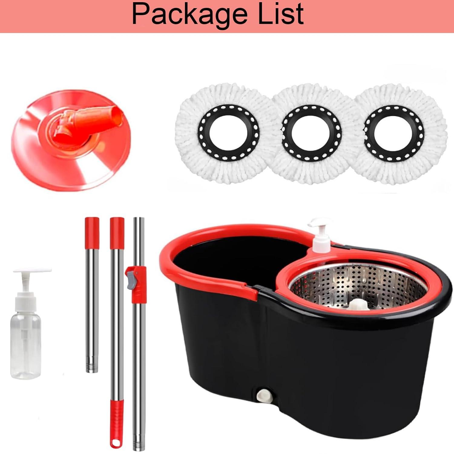 Spin Mop and Bucket Set, 360° Spin Mop and Bucket with Wringer Set and 3 Microfiber Mop Replacement Heads Refills, 61" Stainless Steel Extended Handle Spinning Mop Bucket System for Floor Cleaning