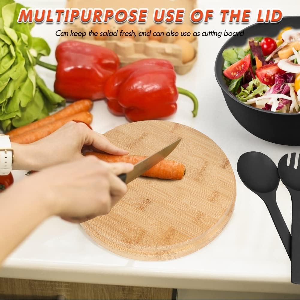 Large salad bowl with lid, upgraded version of bamboo fiber salad bowl with lid, 9.8-inch mixed salad bowl and server, and a set of free quick salad tools