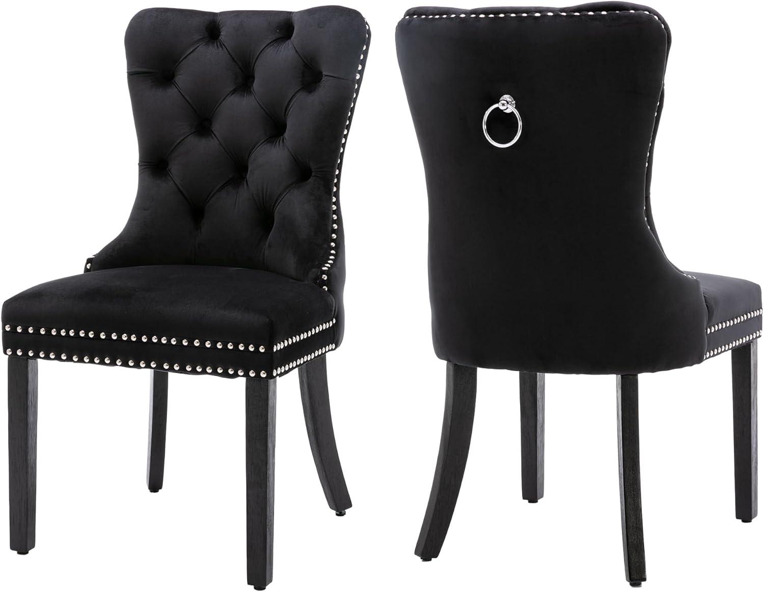 Westice Dining Chairs Set of 2, Button Tufted Velvet Chairs for Kitchen, Mid-Century Armless Chairs with Rivet Trim Metal Pull Ring Large Back Acrylic Legs for Room Dining, Black