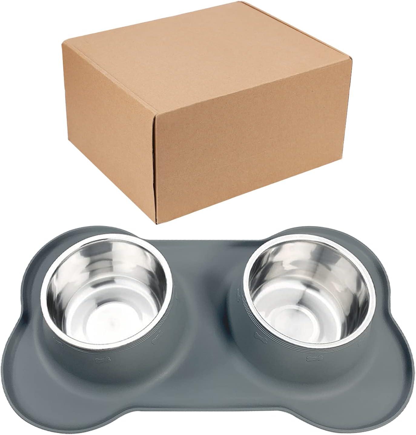 AsFrost Dog Food Bowls Stainless Steel Dog Food & Water Bowl Set with No Spill No Slip Silicone Mat, Dog Dishes for Small Medium Size Dogs Pet Cat Puppy Food Feeding Bowls, Grey, 24oz, 3 Cup