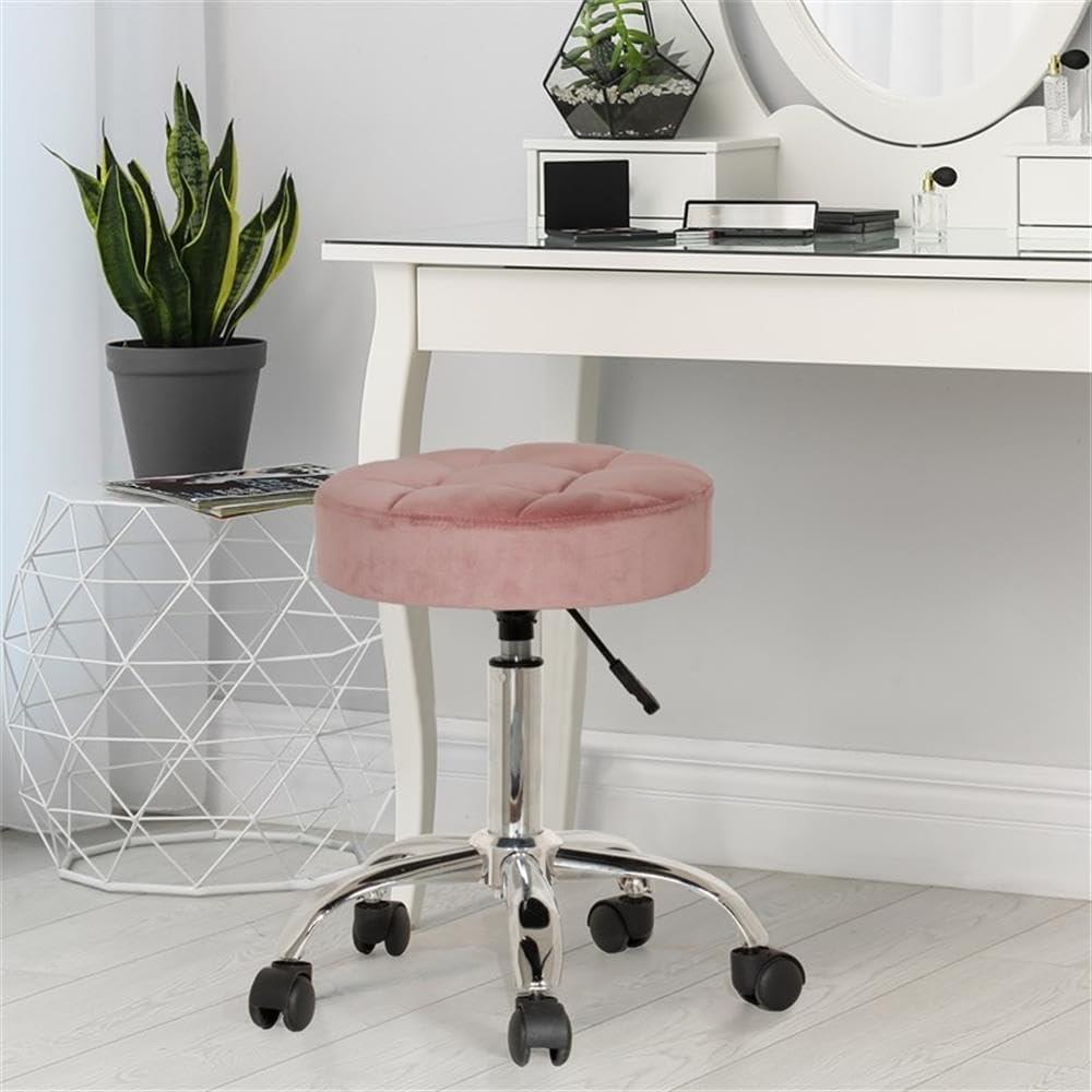 Dusty Pink Velvet Adjustable Backless Office Stool with Chrome Base