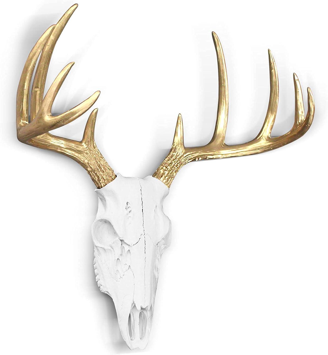 WALL CHARMERS Mini White + Gold Antler Faux Deer Skull - 16" Faux Taxidermy Animal Head Wall Decor - Handmade Farmhouse Decor
