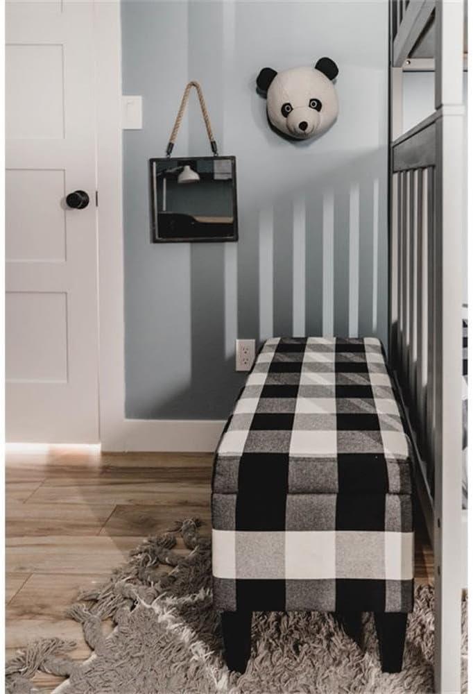 Large Decorative Storage Bench Black Plaid - HomePop: Upholstered Ottoman for Bedroom & Entryway