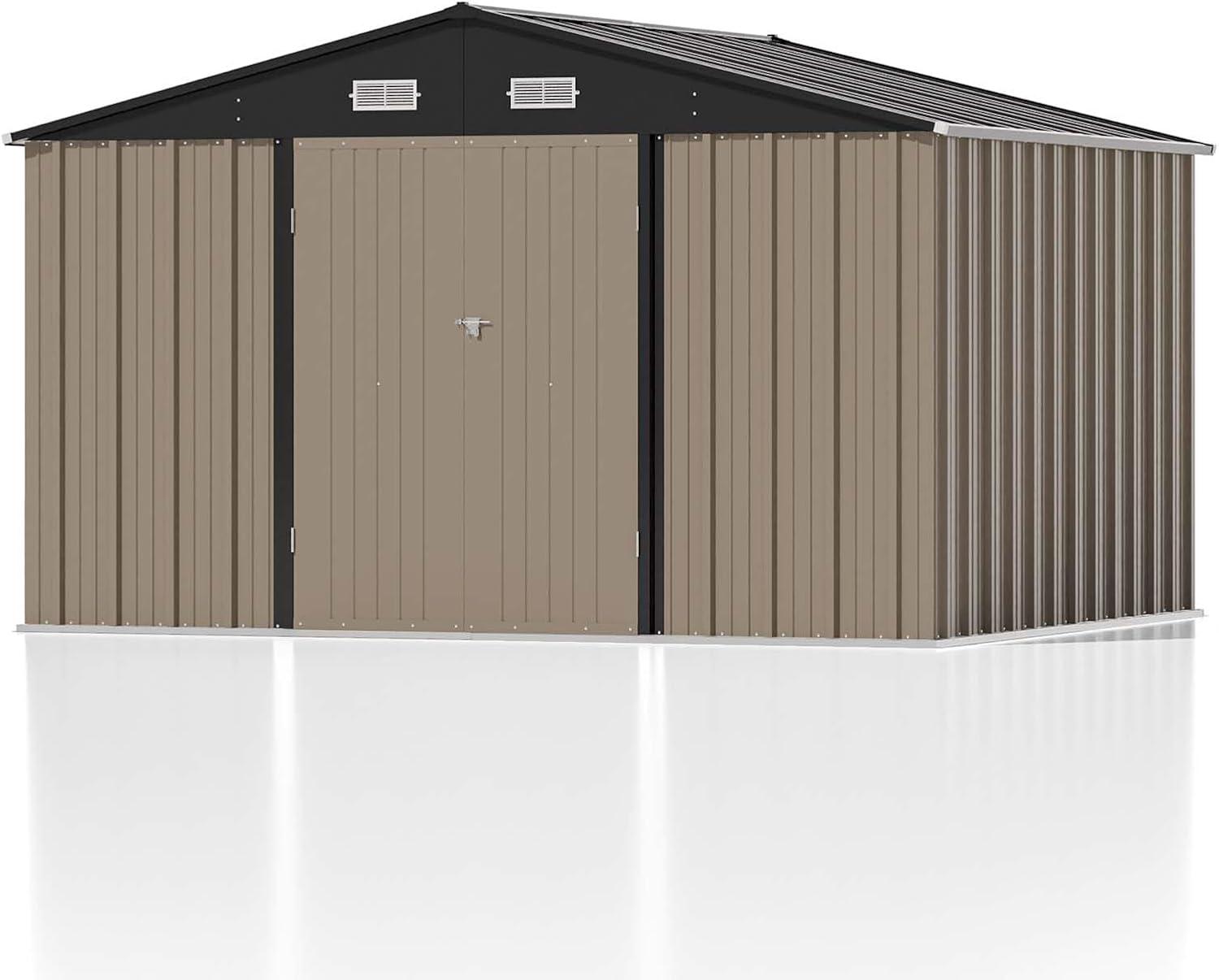 Patiowell 10' x 8' Outdoor Storage Shed with Floor Frame Kit, Metal Garden Tool Shed with Design of Lockable Doors, Utility and Tool Storage for Garden, Backyard, Patio, and Outside Use, Brown