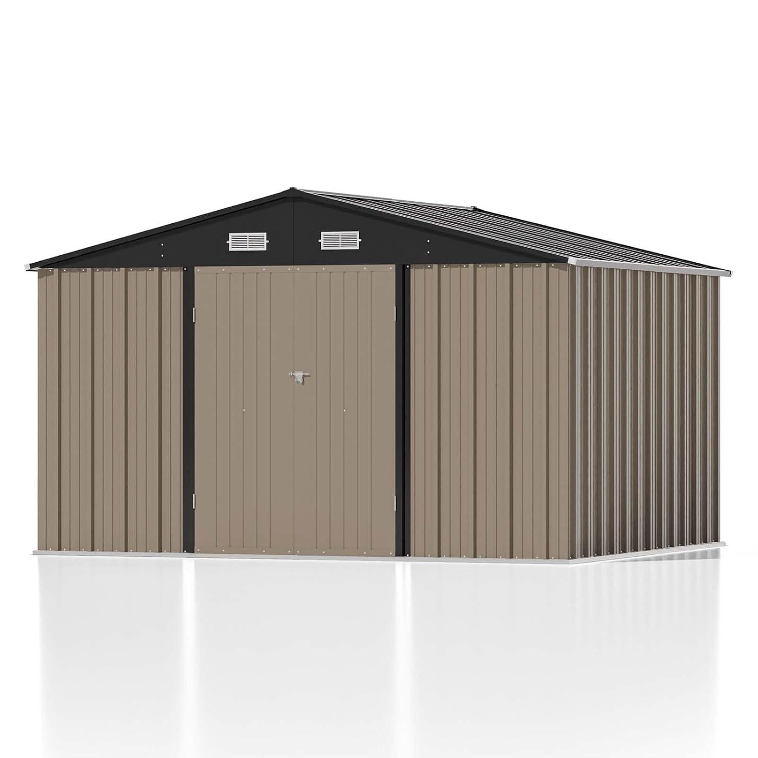 Patiowell 10' x 8' Outdoor Storage Shed with Floor Frame Kit, Metal Garden Tool Shed with Design of Lockable Doors, Utility and Tool Storage for Garden, Backyard, Patio, and Outside Use, Brown