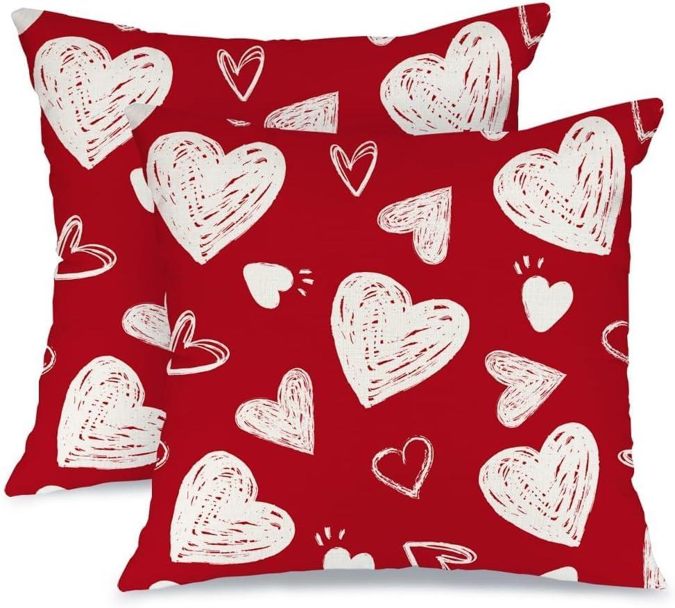 Red and White Polyester Valentine's Day Heart Pillow Covers 18x18 Inch Set