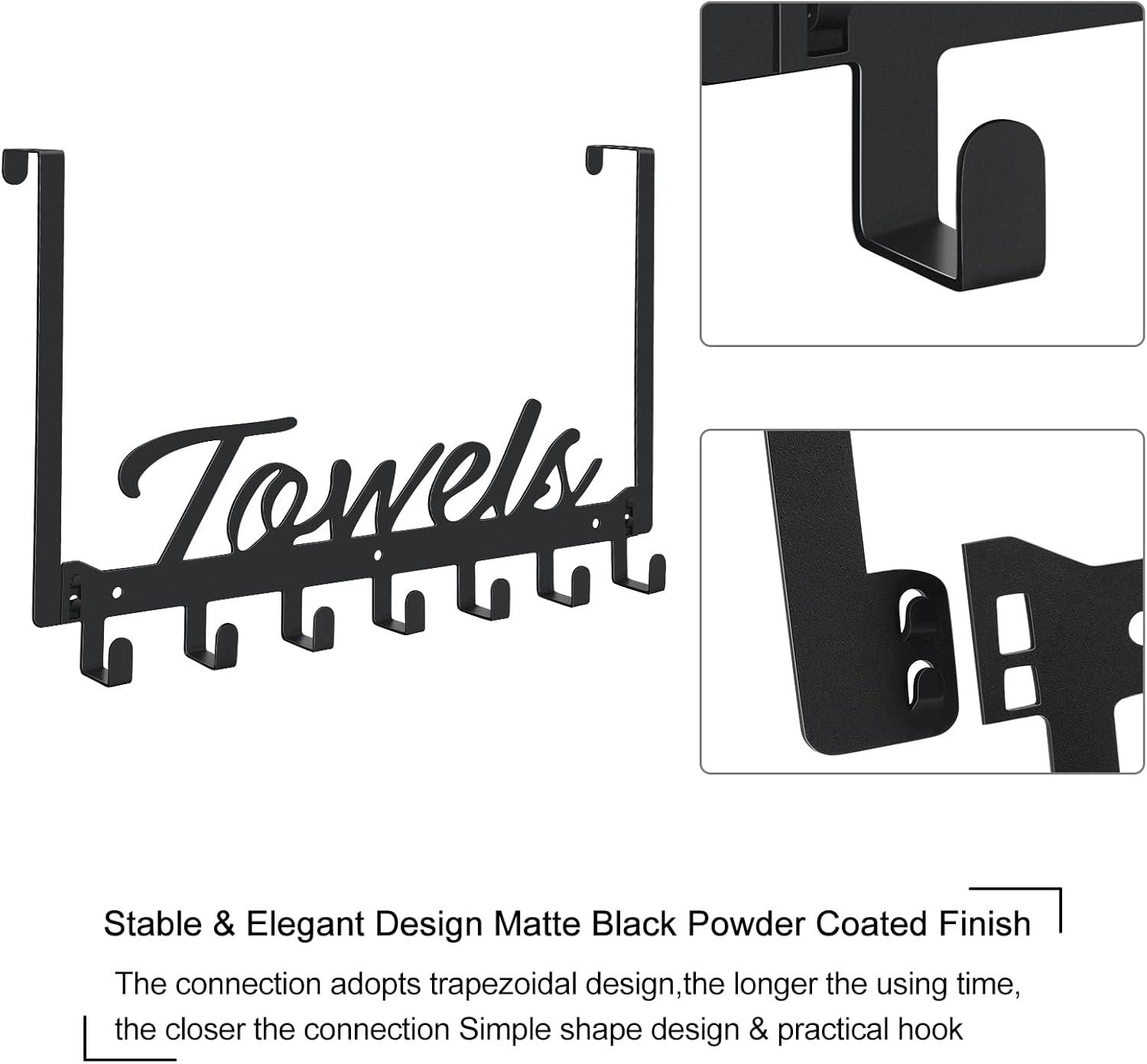 Over The Door Hooks - Heavy Duty Towel Rack with 6 Hooks for Bedroom, Bathroom, Kitchen - Holds Towels, Bags, Coats, Hats - Black