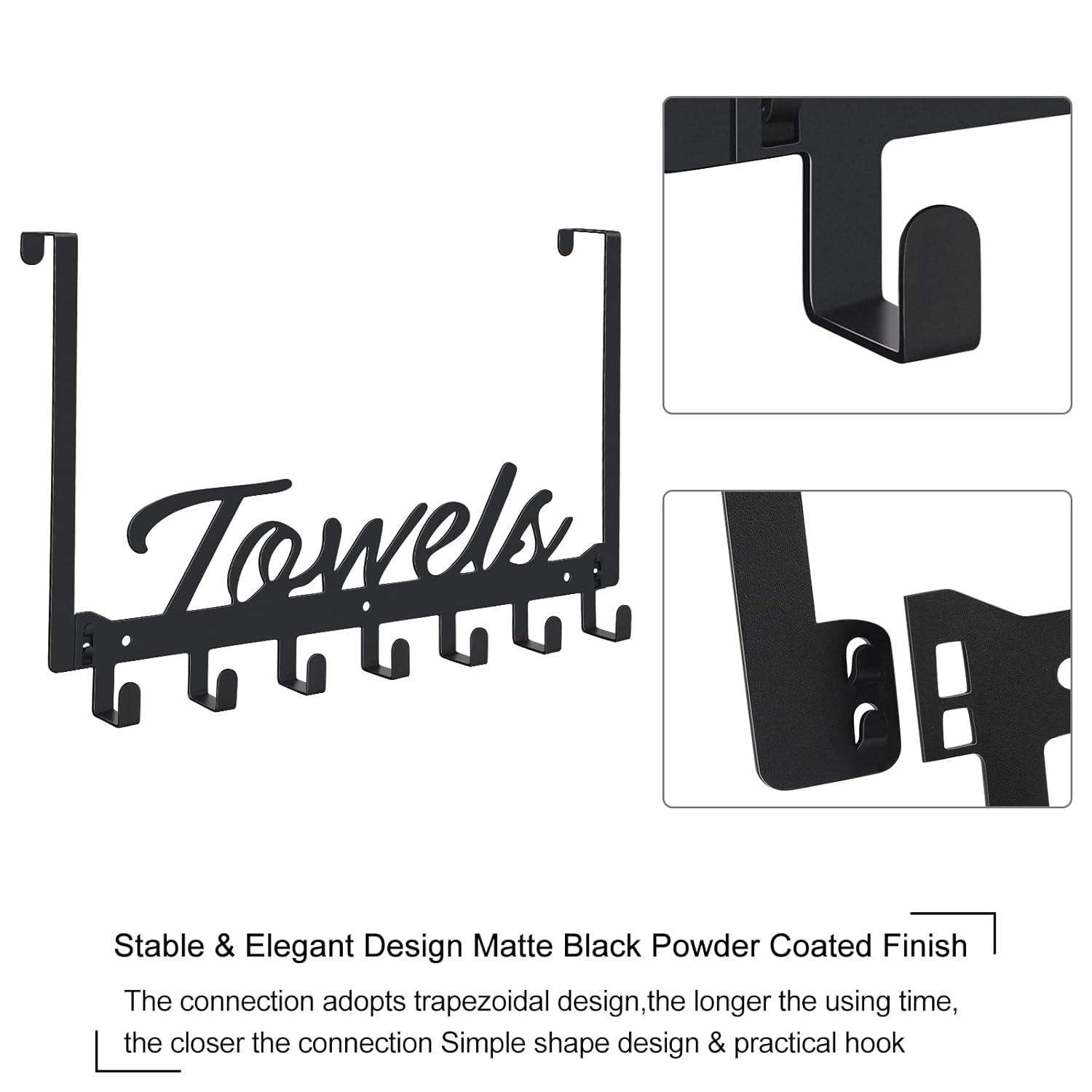 Over The Door Hooks - Heavy Duty Towel Rack with 6 Hooks for Bedroom, Bathroom, Kitchen - Holds Towels, Bags, Coats, Hats - Black