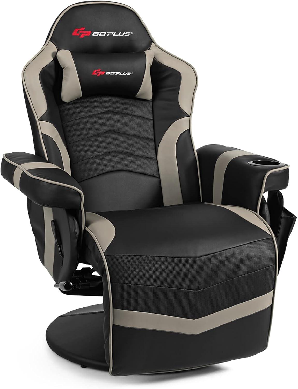 Costway Massage Gaming Recliner Reclining Racing Chair Swivel Gray