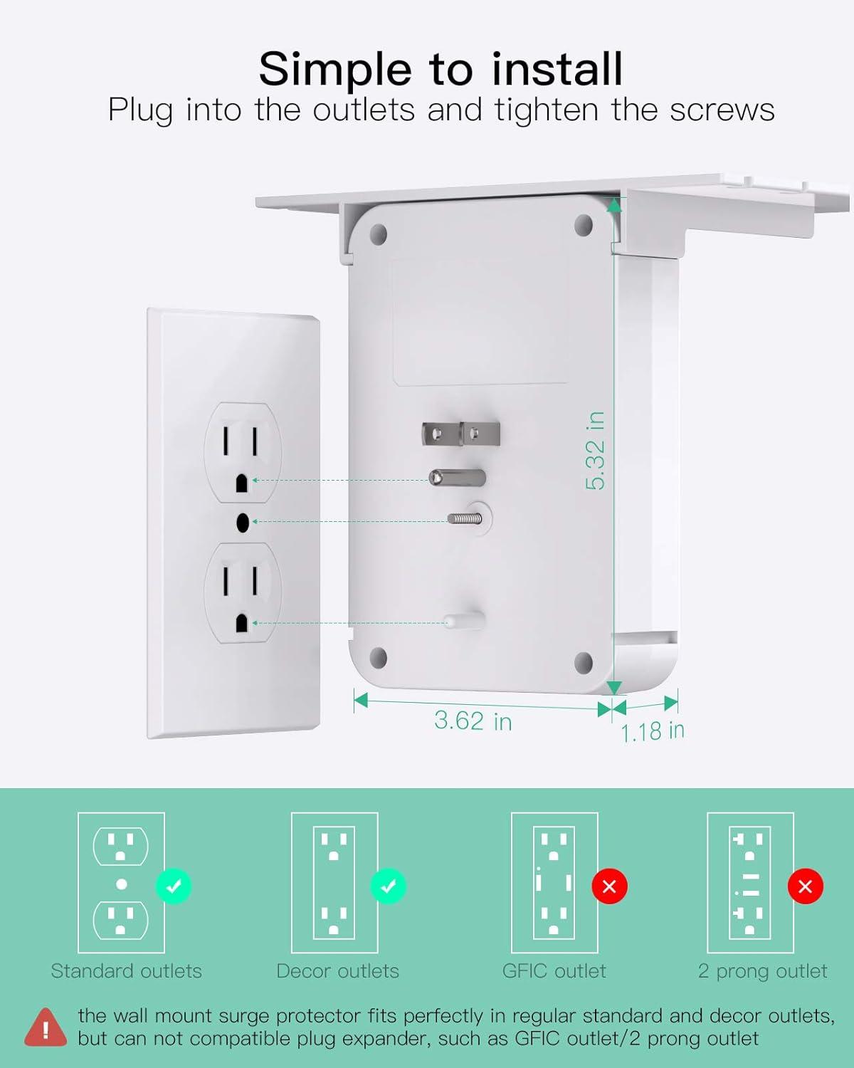 Wall Outlet Extender with Surge Protector, 6 AC Outlets, Shelf, 2 USB & USB C Charging Ports - Home & Dorm Plug