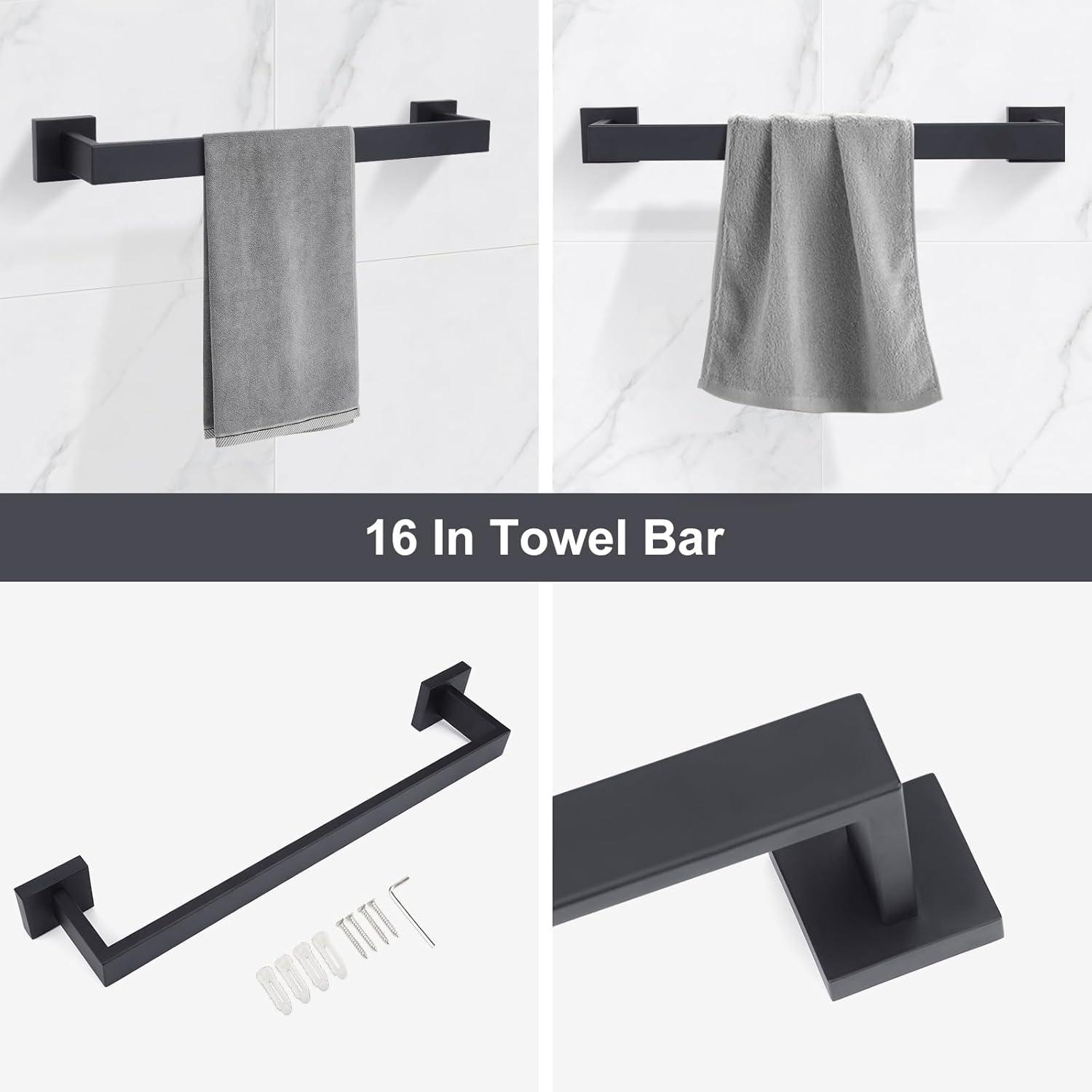 Stainless Steel Matte Black Bathroom Hardware Accessories - 5 Piece Set with 16 inch Square Towel Bar, Towel Rack & Holder