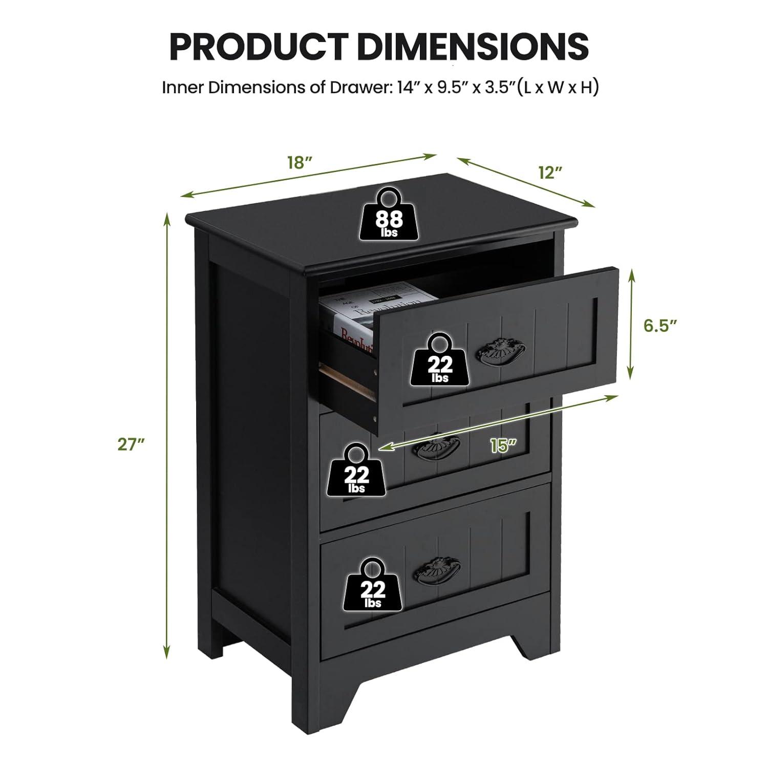 Gymax End Table Nightstand Bedroom Storage w/ 3 Drawers & Wood Slide White