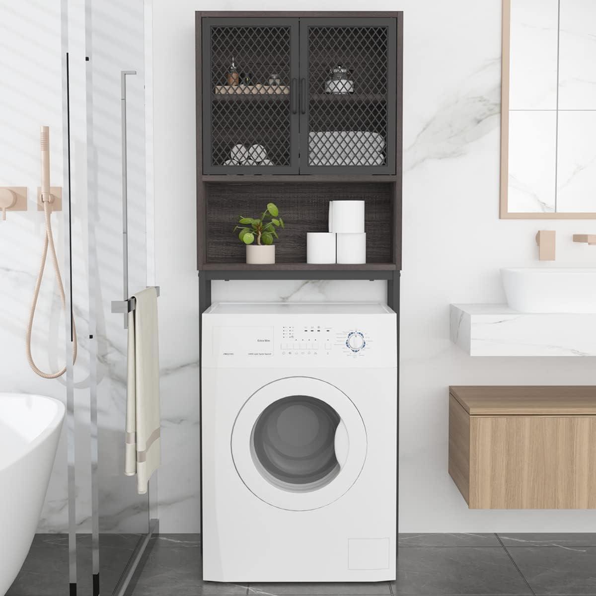 Dark Gray Oak Over-the-Toilet Storage Cabinet with Mesh Doors