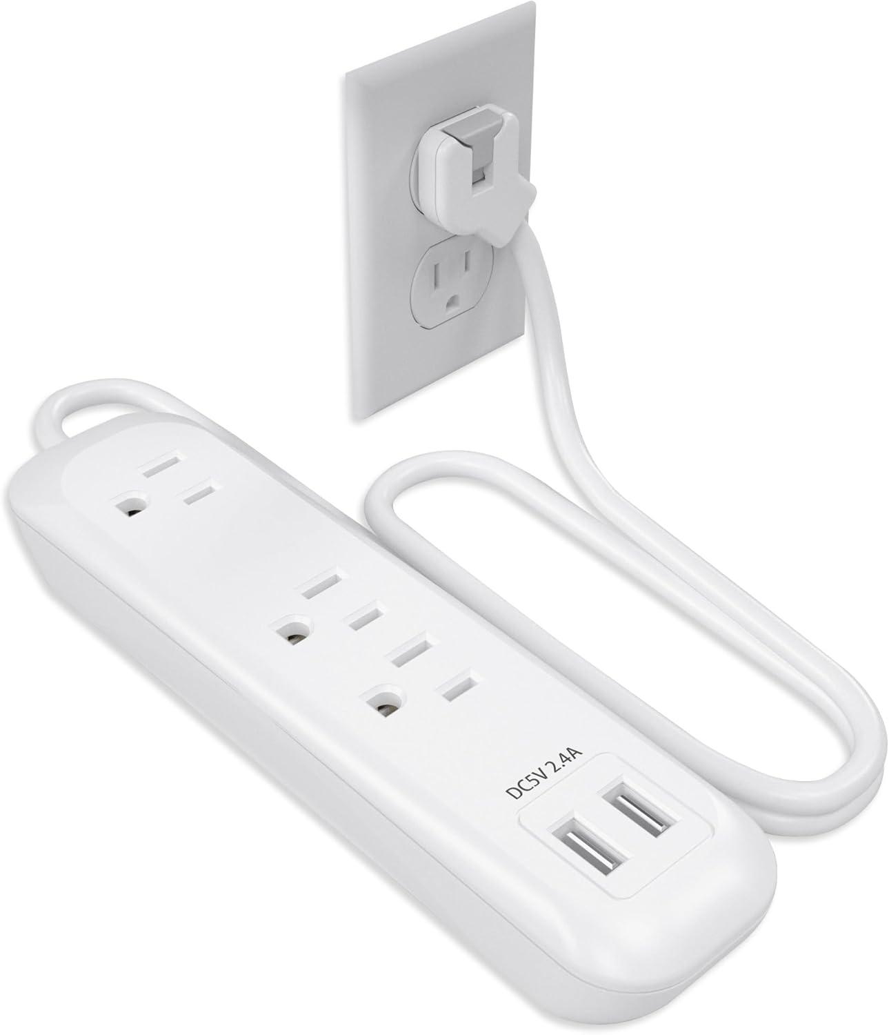 Power Strip Surge Protector with USB Ports, White Extension Cord 8 Feet 3 Prong, 3 outlets, 2 USB Ports, 1250W/10A, Wall Mountable, Plug Strip Surge Protector 300J for Home Office, SGS Approved