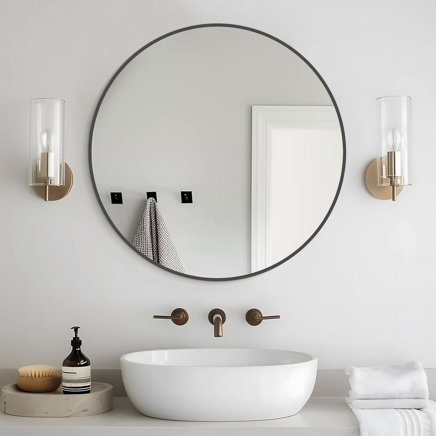 WallBeyond Classic Wooden Frame Farmhouse Round Wall Mirror Satin Black 24 inches Black