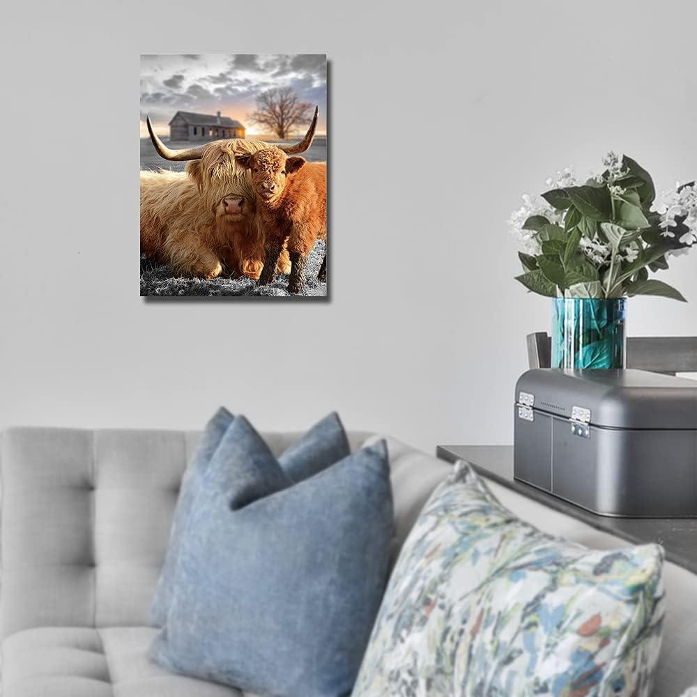 JEUXUS Highland Cow Wall Decor Cute Fluffy Cow Cattle Pictures Wall Art Farmhouse Longhorn Animal Canvas Print Painting Framed Modern Home Artwork Decorations For Bedroom Bathroom Office Kitche