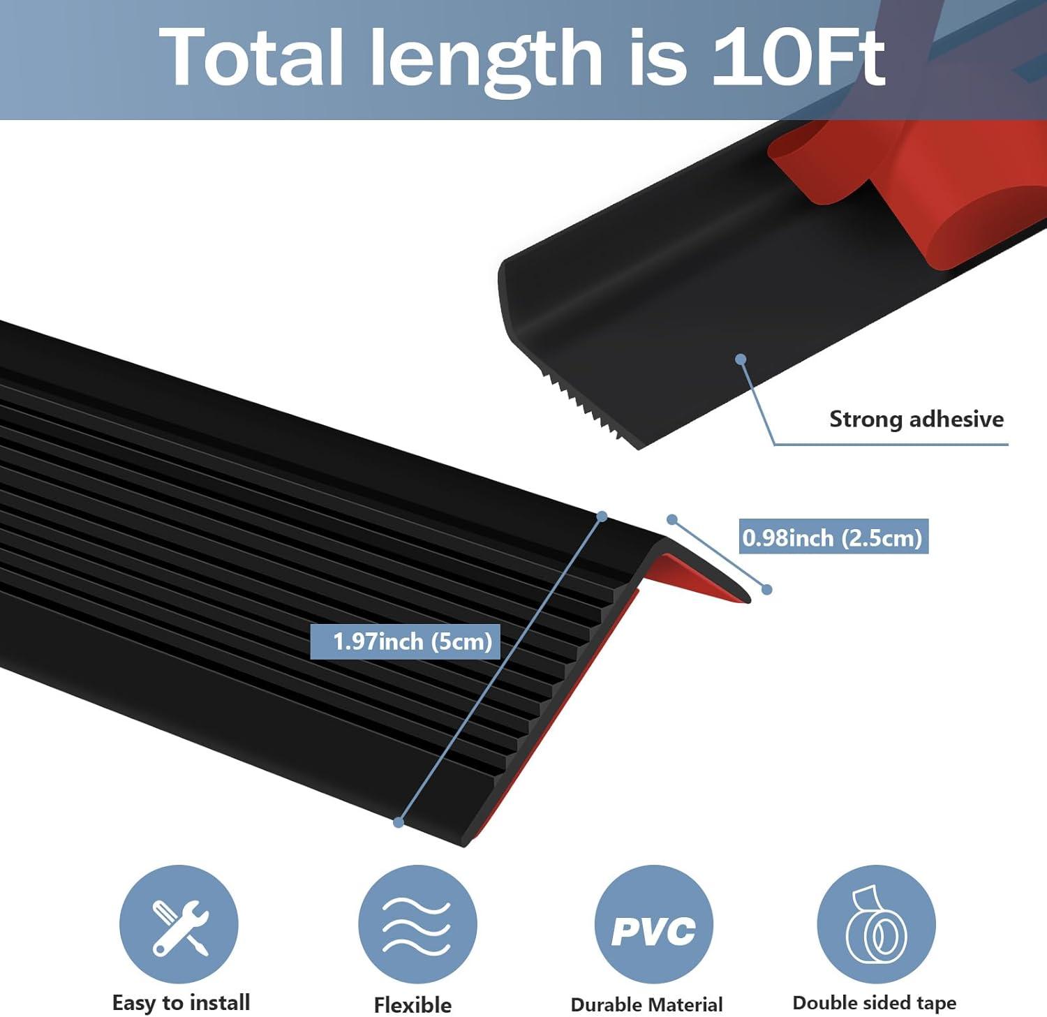 Rubber Stair Edging Self Adhesive Staircase Step Edge Protector Vinyl Stair Nose for Outdoor & Indoor (10Ft, Black)