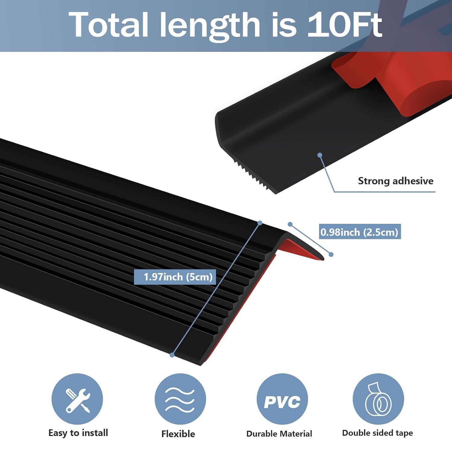 Rubber Stair Edging Self Adhesive Staircase Step Edge Protector Vinyl Stair Nose for Outdoor & Indoor (10Ft, Black)