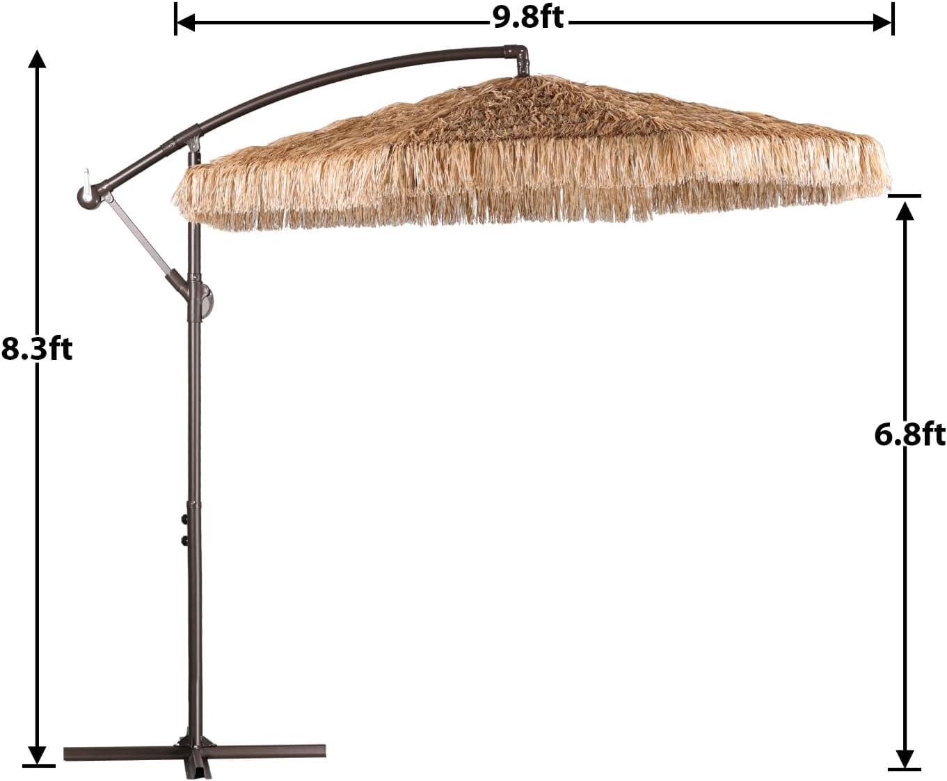 Aoodor 10FT Cantilever Tiki Thatch Patio Umbrella, Hand-Push Tilt Offset Umbrella for Outdoor, Natural Straw Look (No Base)