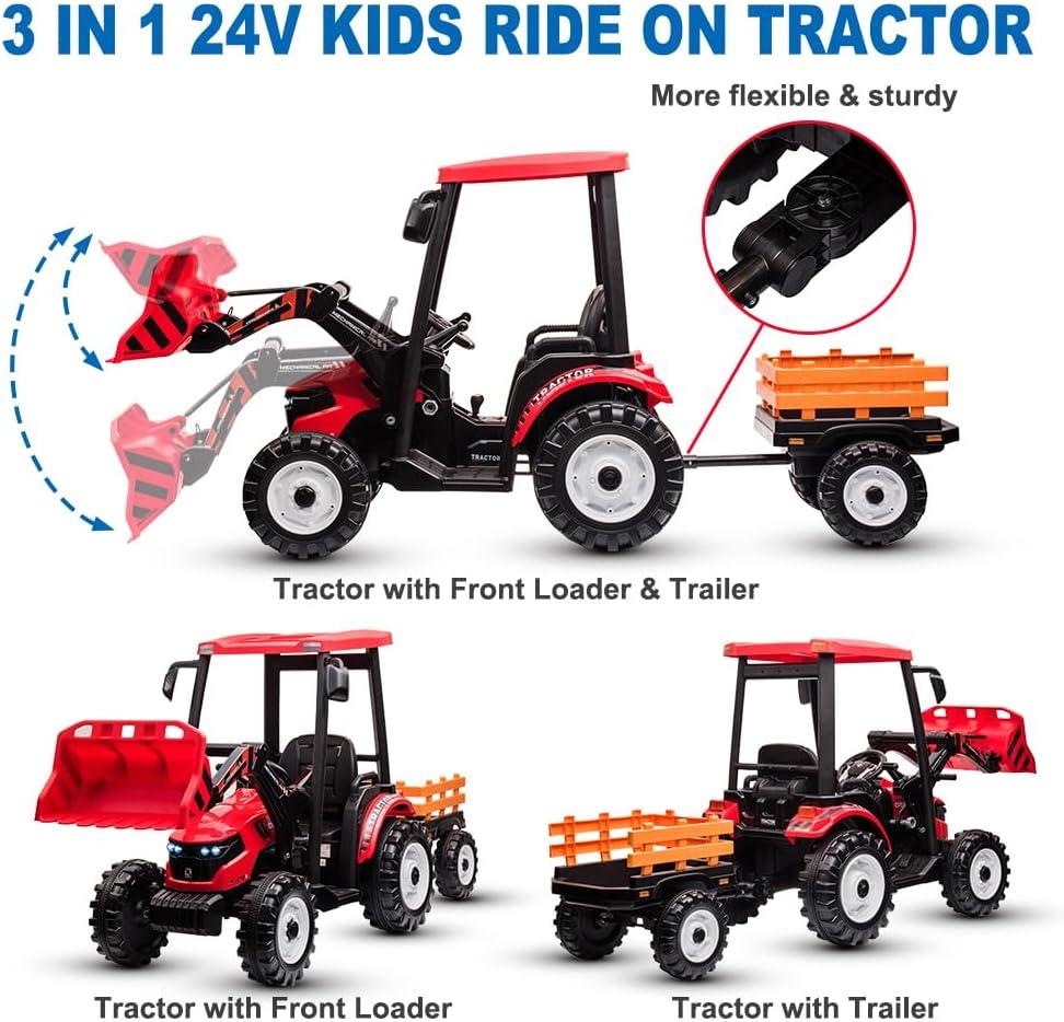 24V Red Ride-On Tractor with Loader and Trailer