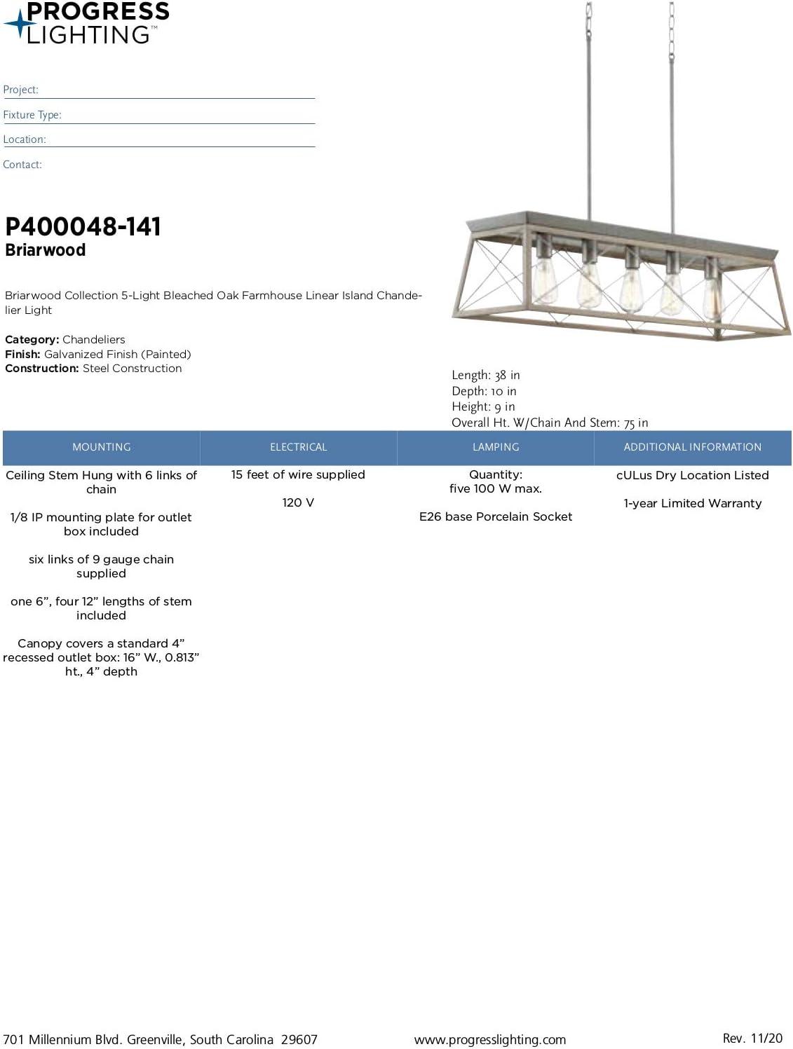 Progress Lighting Briarwood 5-Light Linear Chandelier, Galvanized Finish, Steel Material, Faux-Painted Wood Enclosure