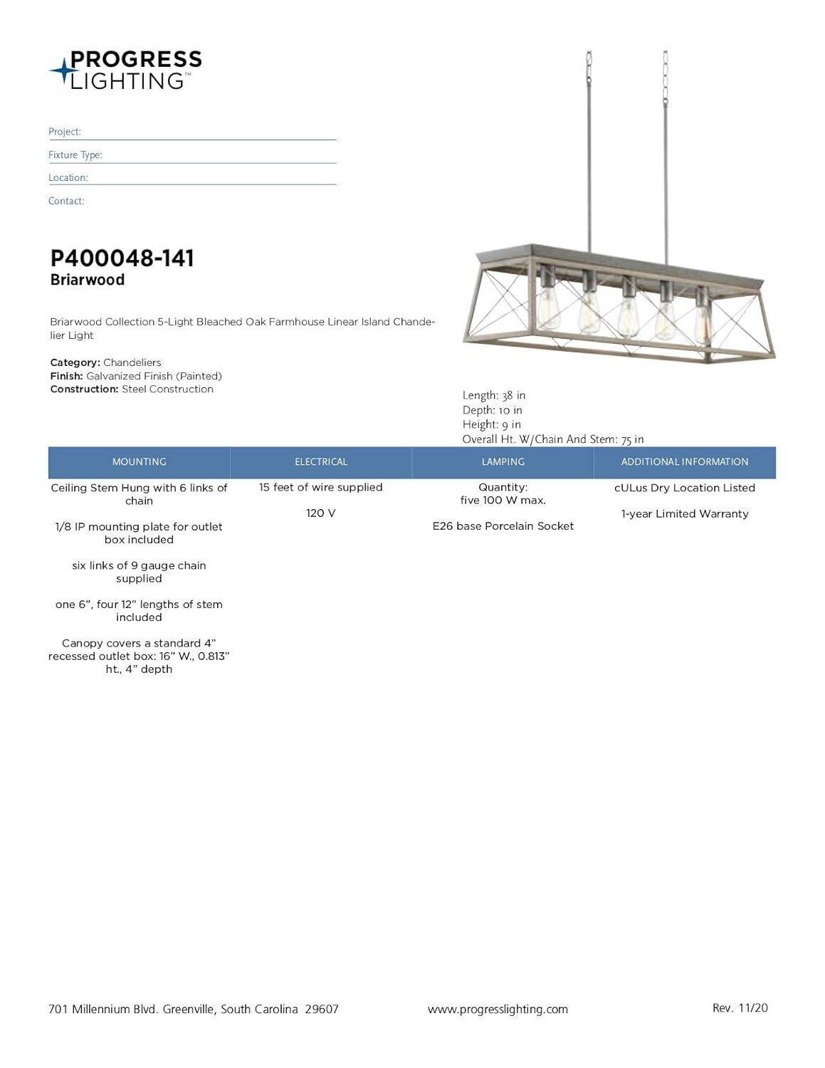Progress Lighting Briarwood 5-Light Linear Chandelier, Galvanized Finish, Steel Material, Faux-Painted Wood Enclosure