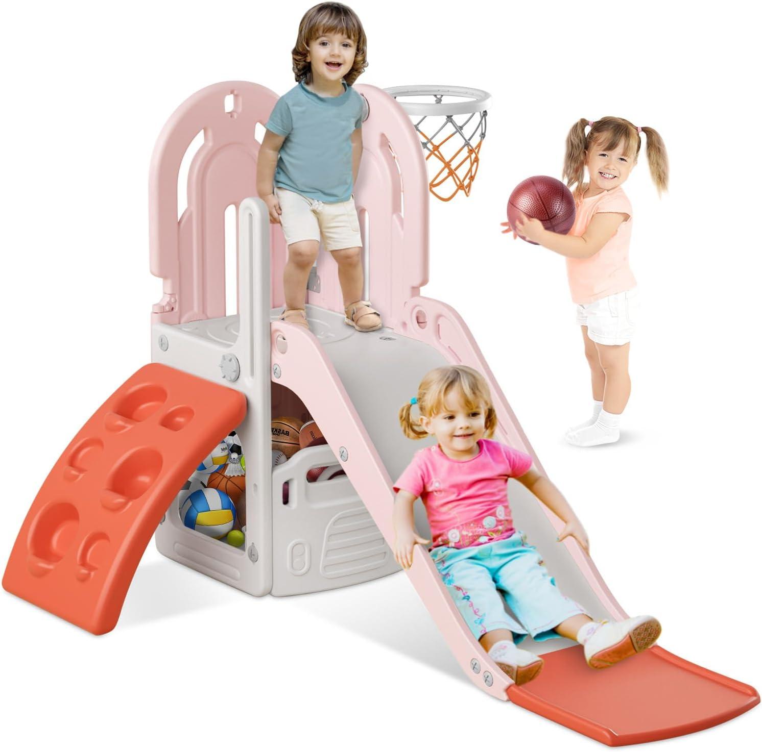 Pink and Orange 4-in-1 Toddler Slide with Basketball Hoop