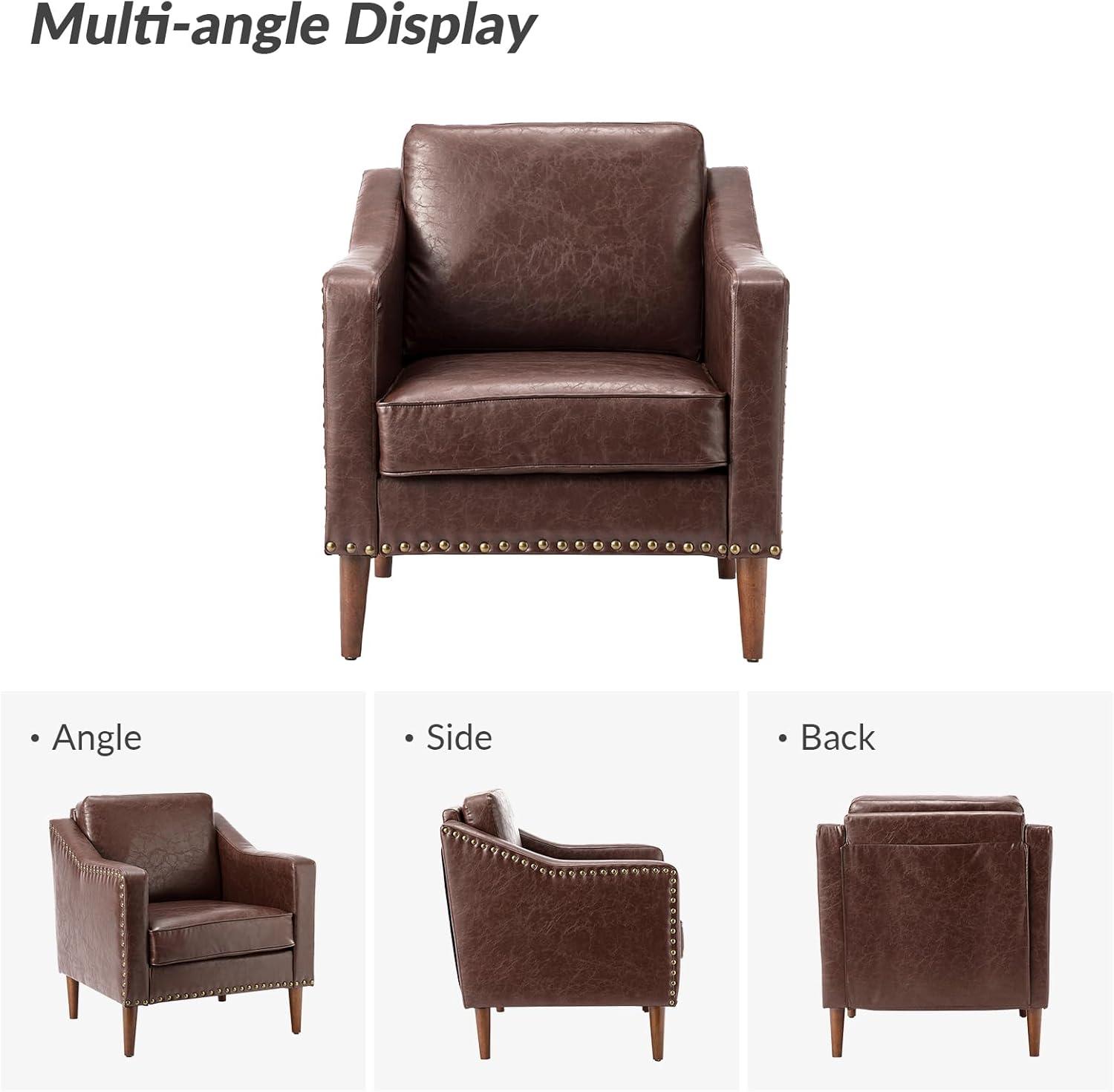 HULALA HOME Faux Leather Accent Armchairs Set of 2 with Back & Seat Cushions, Traditional Club Chairs with Nailhead Trim, Comfy Upholstered Sofa Chairs for Living Room Bedroom, Beige