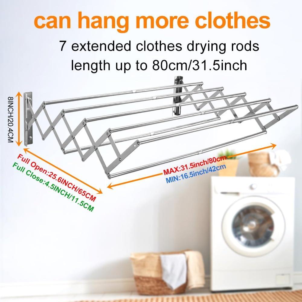 Wall Mounted Laundry Clothes Drying Rack Clothing Retractable Accordion Wall Hanger Collapsible Hanging Towel Holder For Laundry Bathroom(17-32Inch Variable Enhanced,Adjustable Length)