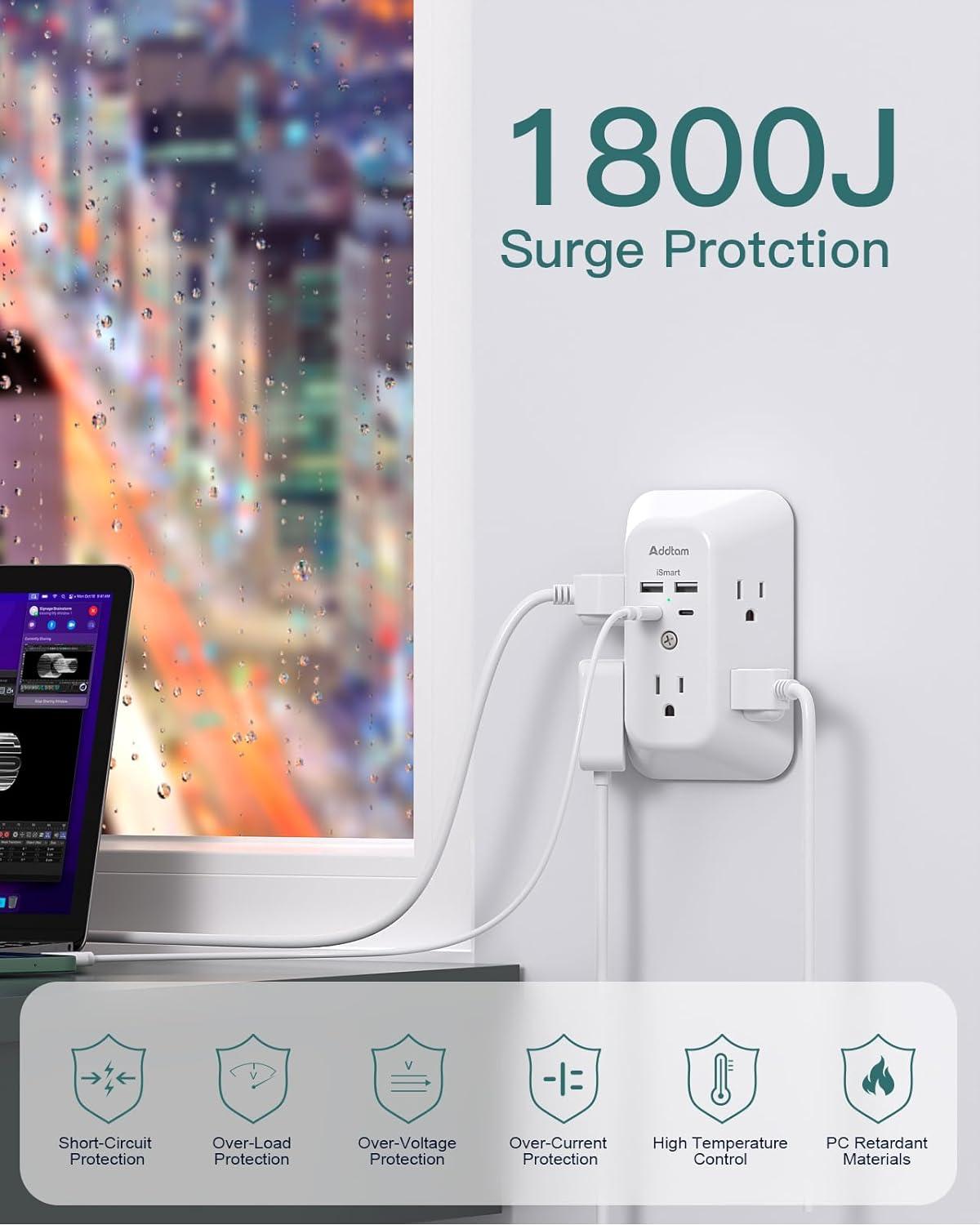 Surge Protector Outlet Extender - Addtam 5-Outlet Splitter with 4 USB Wall Charger(2 USB-C Ports), Multi Plug Outlet Power Strip for Home, Dorm Room Essentials