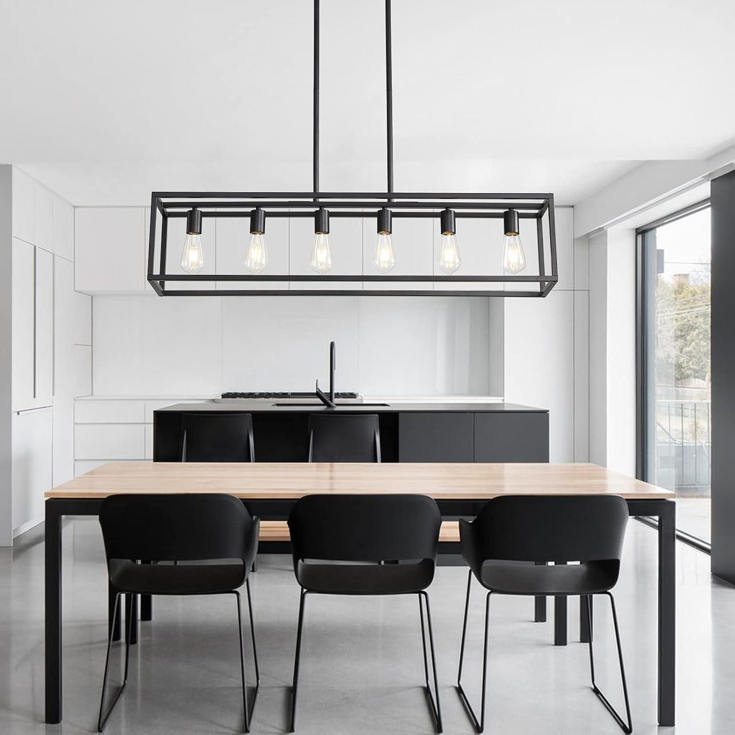 6 Light Rectangle Chandelier Contemporary Farmhouse Linear Pendant Lighting Black Industrial Vintage Kitchen Island Metal Cage Ceiling Light Fixture