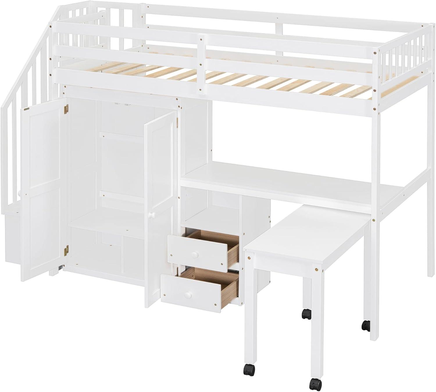 Harper & Bright Designs Twin Size Loft Bed with Stairs and Bookshelf, Wood Twin Storage Bed with Desk & Wardrobe, Space-Saving Multifunctional Furniture for Kids & Teens - White