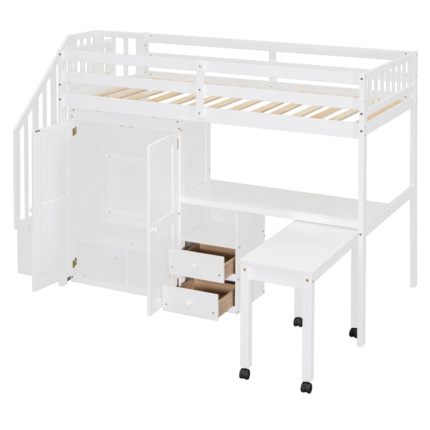 Harper & Bright Designs Twin Size Loft Bed with Stairs and Bookshelf, Wood Twin Storage Bed with Desk & Wardrobe, Space-Saving Multifunctional Furniture for Kids & Teens - White
