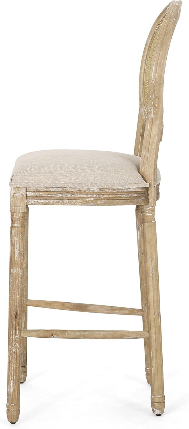 Beige and Natural French Country Wooden Barstools with Wicker Backrest, Set of 2