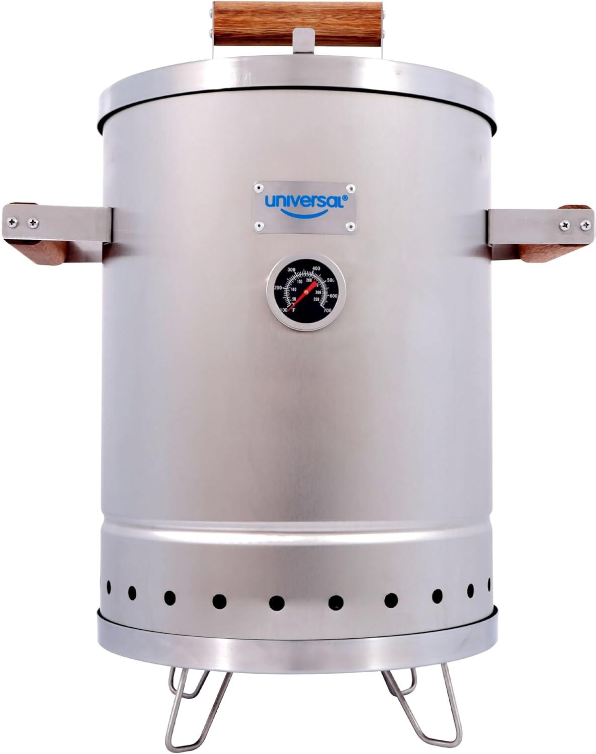 Universal Small Stainless Steel (6-pound) Charcoal Barrel Smoker with Thermometer & Airlock system - 16.5"x 21.18" x ⌀11.81", 2 in 1 Vertical Smoker - Grill and Smoker, 6-servings