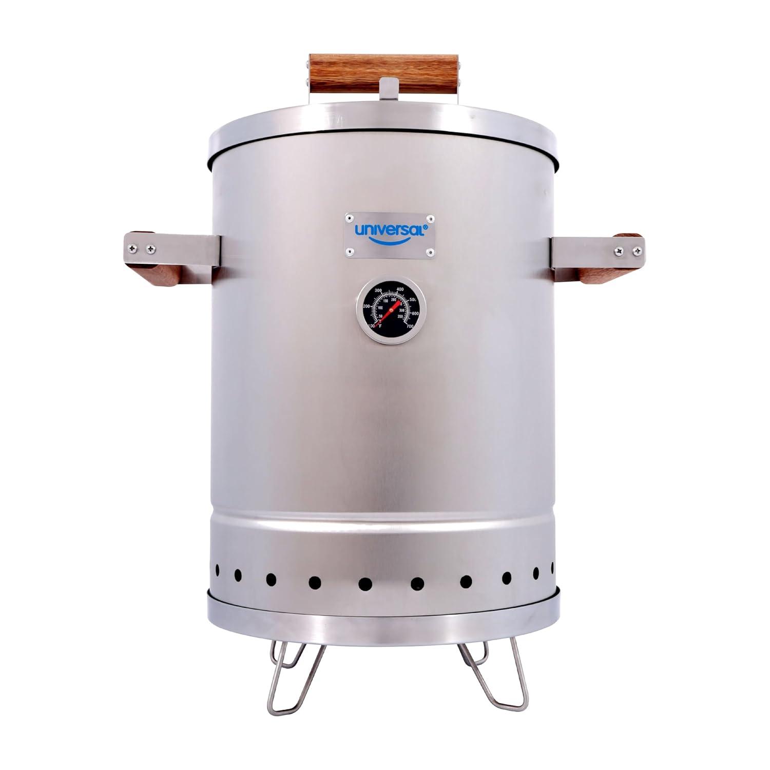 Universal Universal Stainless Steel Small 6-pound Charcoal Barrel Smoker with Thermometer, Grill & Smoker