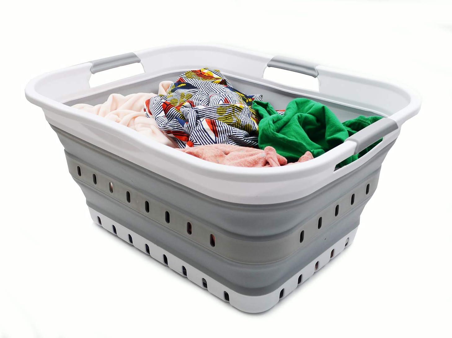 SAMMART 42L (11 gallon) Collapsible Plastic Laundry Basket, White/Grey
