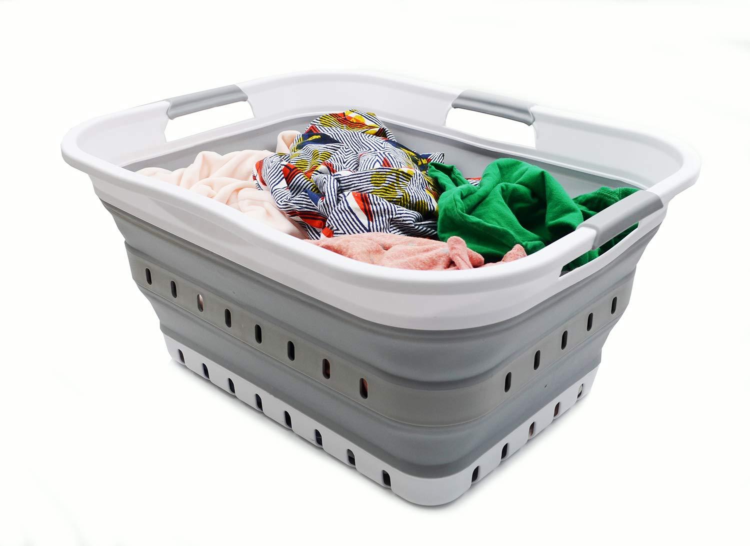 SAMMART 42L (11 gallon) Collapsible Plastic Laundry Basket, White/Grey