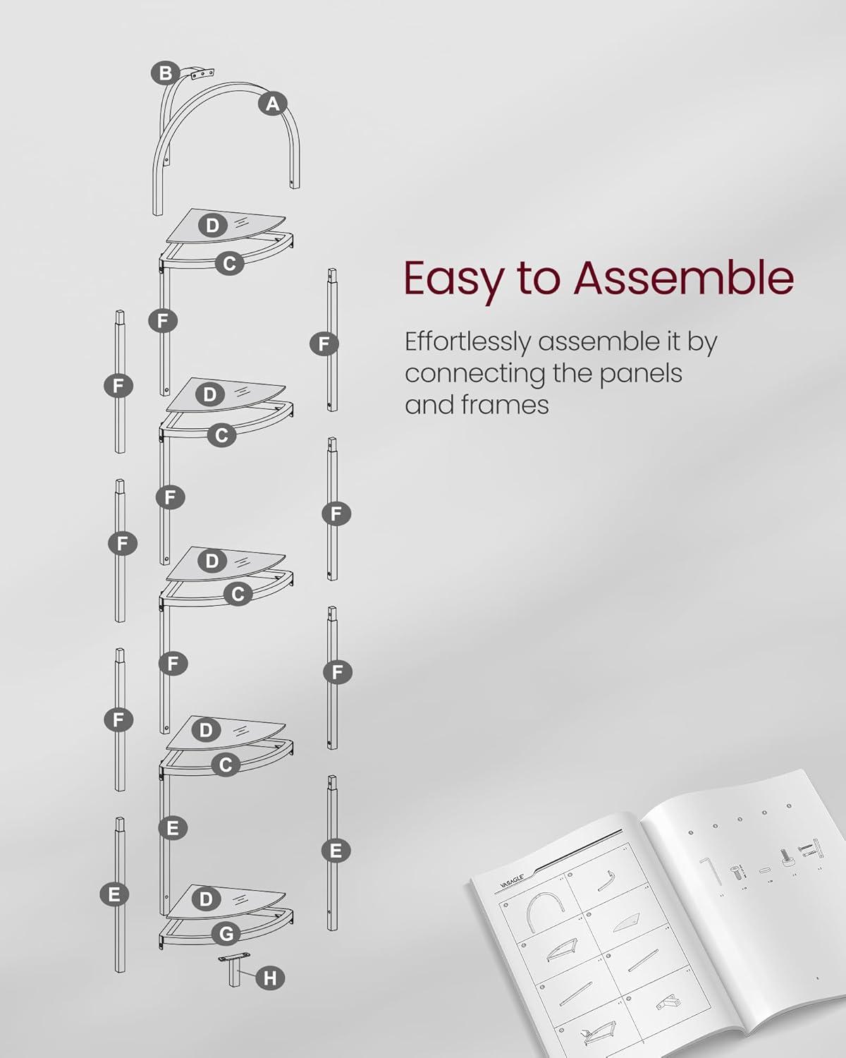 HOOBRO 5-Tier Corner Shelf Stand, Black Corner Bookshelf, Tempered Glass Shelves, Bathroom Organizer, Corner Plant Stand, for Living Room, Study, Balcony, Home Office, Modern Style, Black BK15CJ01