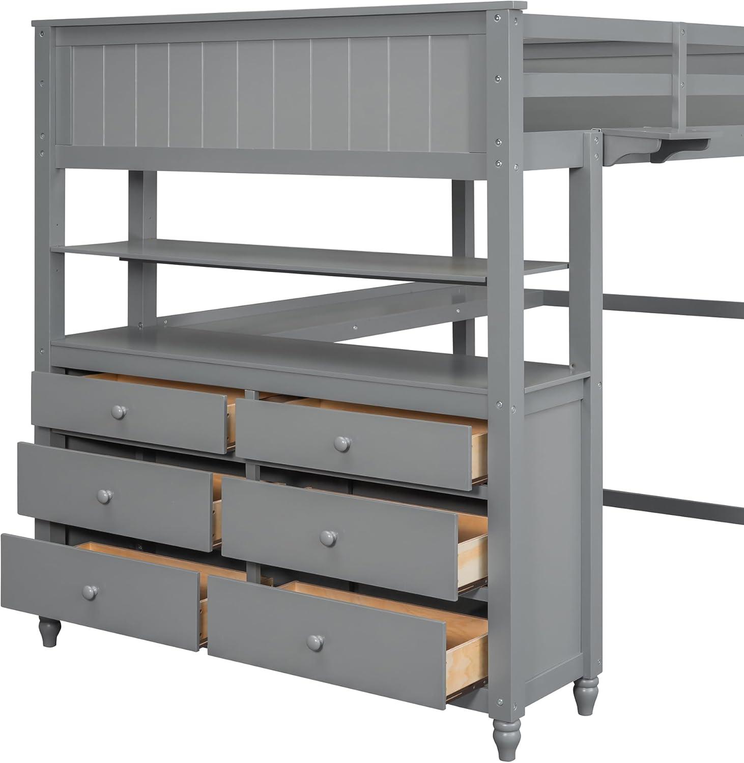 Full Size Loft Bed with Desk and Storage Drawers, Wood Loft Bed Frame with Shelves and Ladder for Kids Adults Boys Girls Teens, Gray